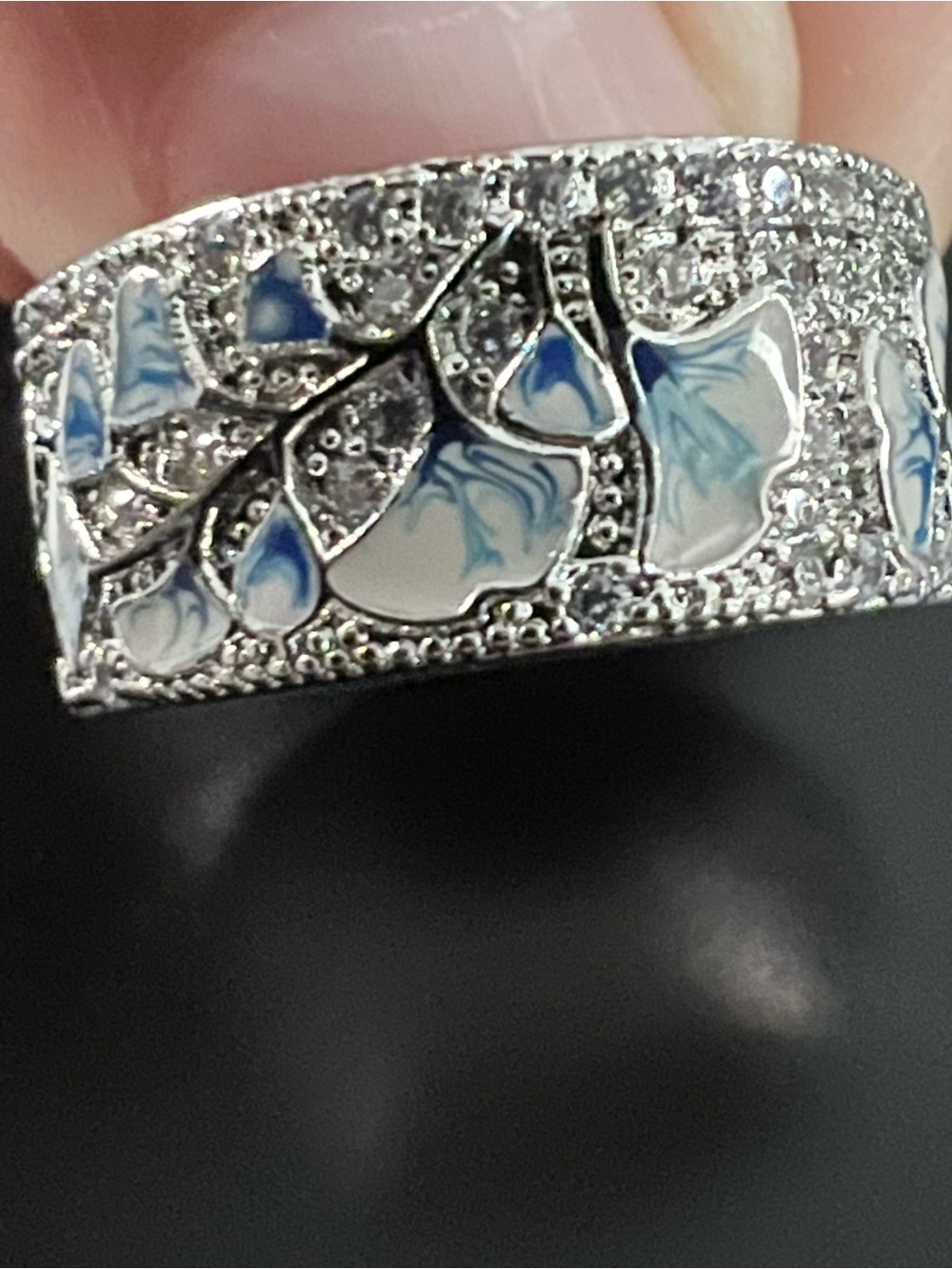 White gold plated Floral Blue Opal Wide Band Ring
